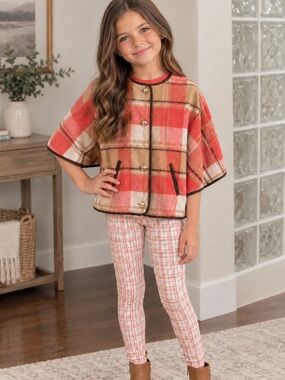 Janie and Jack 7 Coral and Tan Cream Plaid Cape leggings and shirt, socks